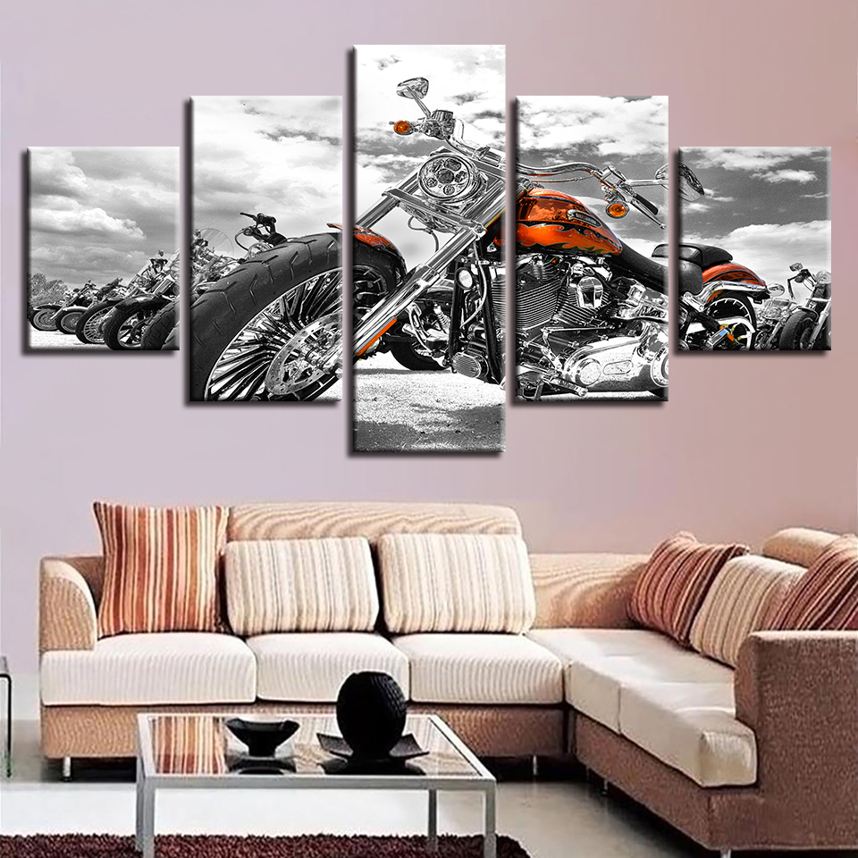 Canvas Pictures Poster Modular Prints Wall Art 5 Pieces Motorcycle Black And White Painting Decor Living Room Or Bedroom(No Frame)