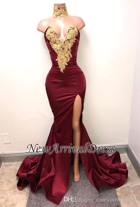 Sexy Black Bury Girls Mermaid Prom Long Gold Applique Sweetheart Pleats Satin High Side Split Backless Party Dresses Evening