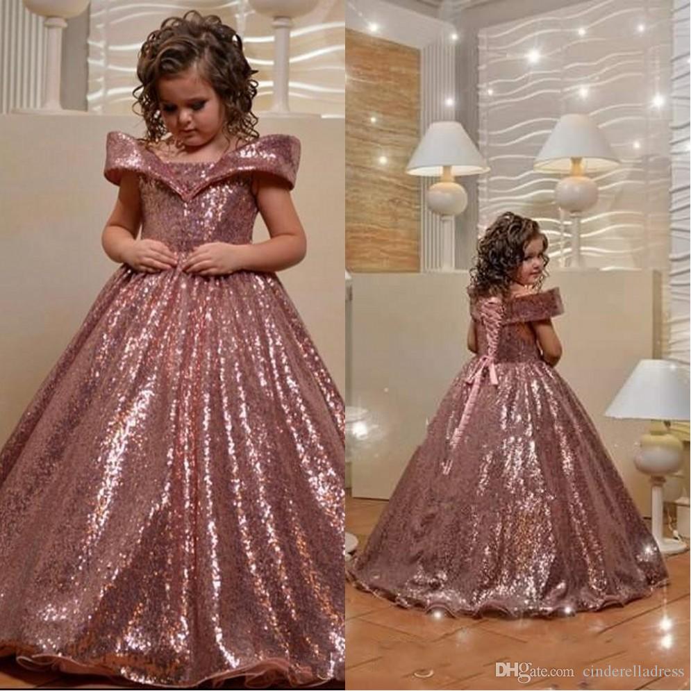 Cheap Bling Bling Rose Gold Ball Gown Girls Pageant Dresses Sequined Off shoulder Floor Length A Line Kid Prom Dress Flower Girls Dresses