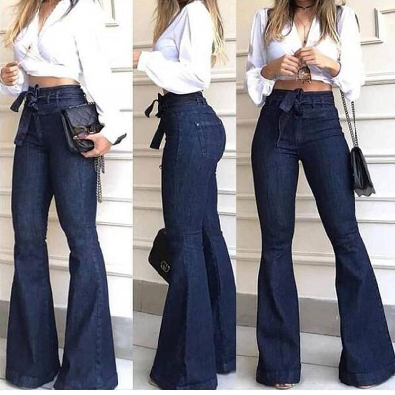 Long Fashion Womens Large Size Lacing Jeans High Waist Stretch Slim Sexy Flare Pants Distress Cloth #31 B4