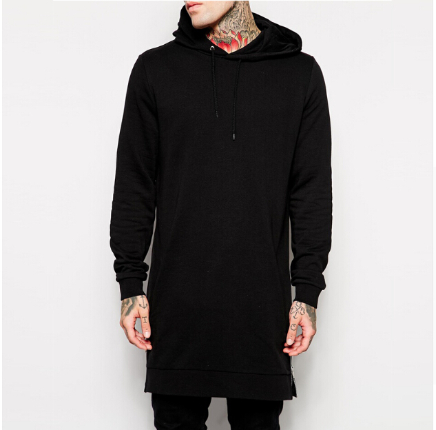 Fashion-Black mens longline hoodies men fleece solid sweatshirts fashion tall hoodie hip hop side zipper streetwear extra long hiphop