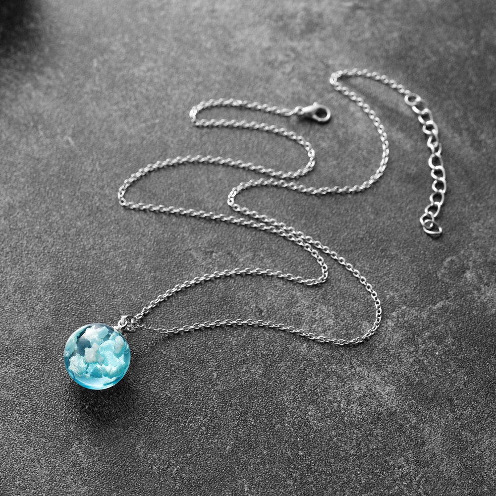 Blue Sky White Cloud Chain Pendant Necklace Transparent Rould Ball Shape Resin Necklace For Women Fashion Jewelry