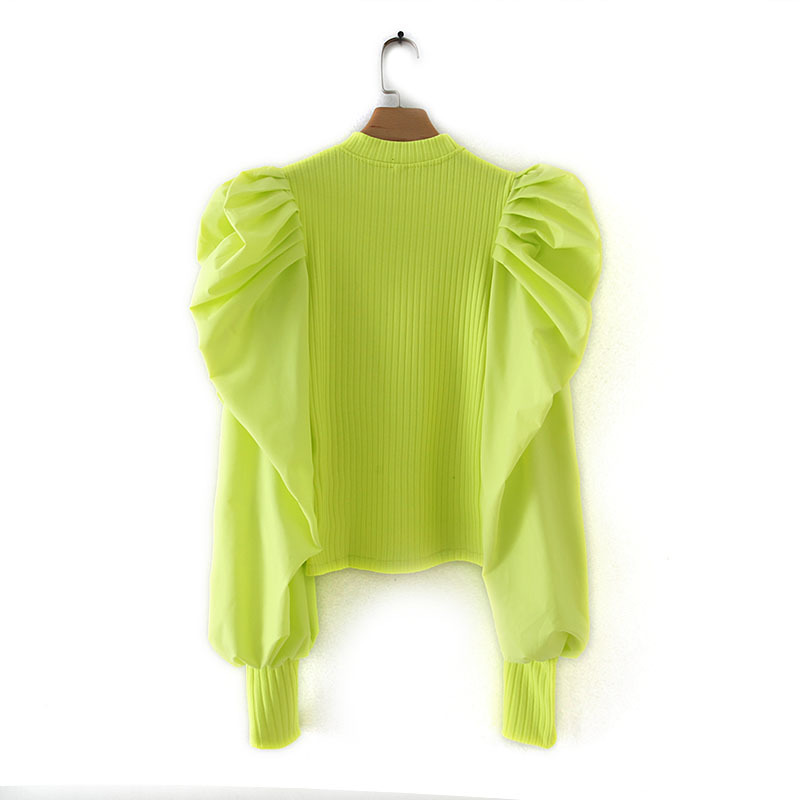 Chic Women Pullover Sweater Autumn 2019 New Fashion Puff Sleeve Stretch Knit Body Patched Poplin Sleeve Modern Lady Ruffles Tops T191230