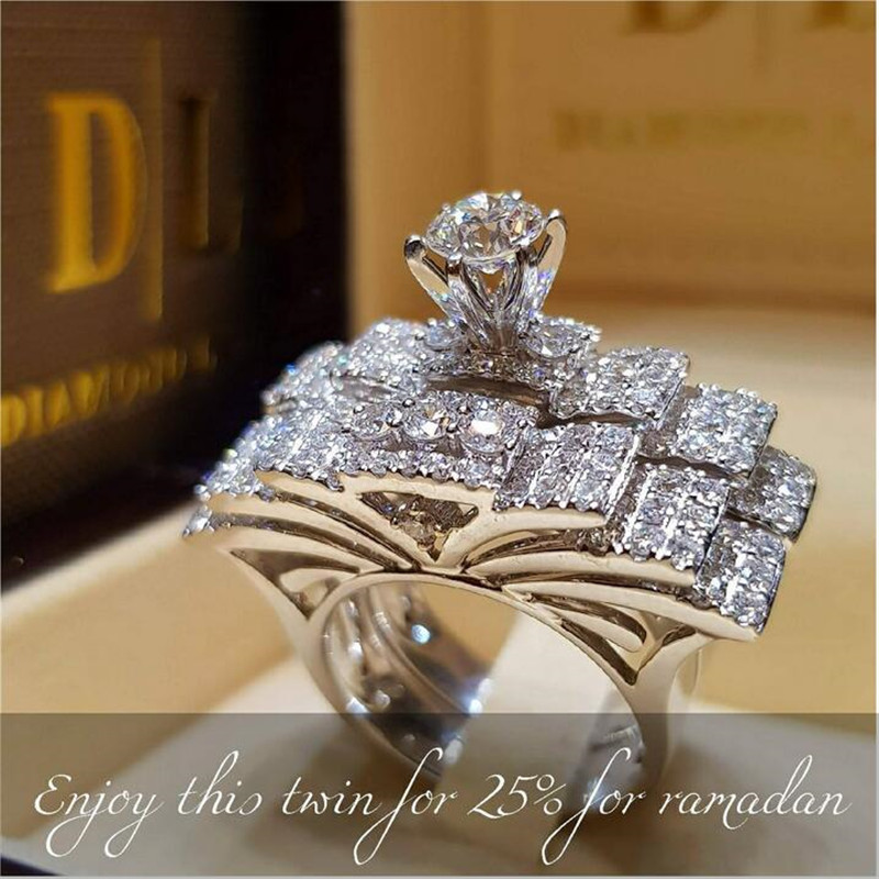 Top Selling Classical Fashion Jewelry Brand New 925 Sterling Silver Couple Rings Round White Topaz CZ Diamond Gemstones Bridal Ring Set Gift