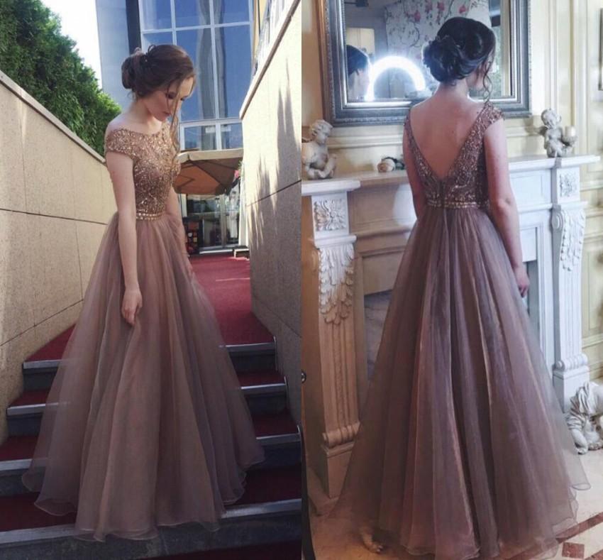 Elegant Beading Puffy Prom Dresses Scoop Neckline Cap Sleeves A Line Evening Gowns Floor Length V Cut Backless Bridesmaid Dress