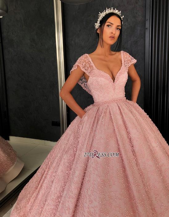 Luxury Pink Ball Gown Prom Dresses V Neck Cap Sleeves Formal Evening Dress With Beaded Lace African Dubai Arab Party Quinceanera Gowns