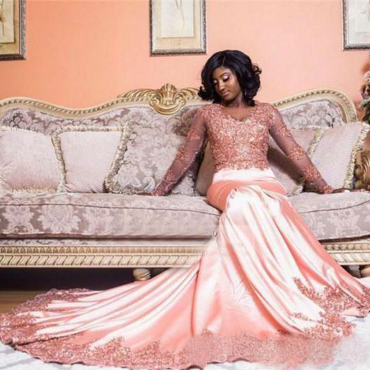 Gorgeous Pink Mermaid Prom Dresses 2019 Plus Size Lace Applique Beaded African Black Girls Evening Dress Long Sleeve Ruched Cocktail Dresses