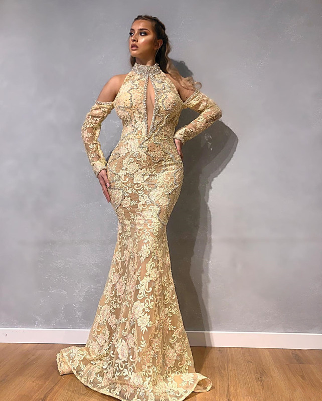 Champagne Sparkly Mermaid Prom Pageant Dresses with Long Sleeve 2020 Modern Beaded High Neck Plus Size Aso Ebi Style Lace Evening Wear Gown
