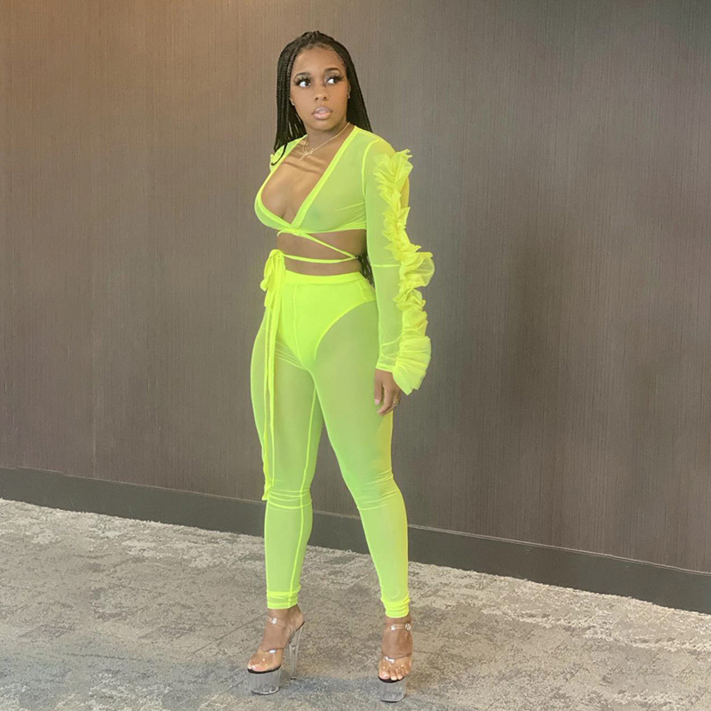 Sexy See Through Mesh Tracksuits Women Ruffles Cross Bandage V Neck Tops And Pants Two Piece Set Flourescent Leggings Party Sets