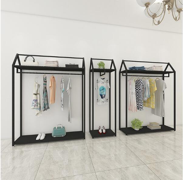 Iron retro clothing store display racks gold men's and women's clothes rack hanging clothes rack display rack European floor type clothes ra