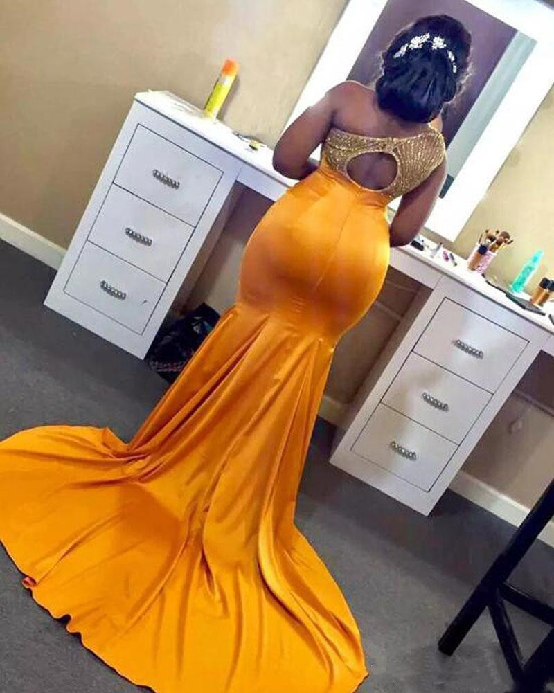 African Orange Satin Long Evening 2020 Beading Top One Shoulder Formal Mermaid Party Gowns Ocn Bridesmaid Dresses Sweep Train 0510