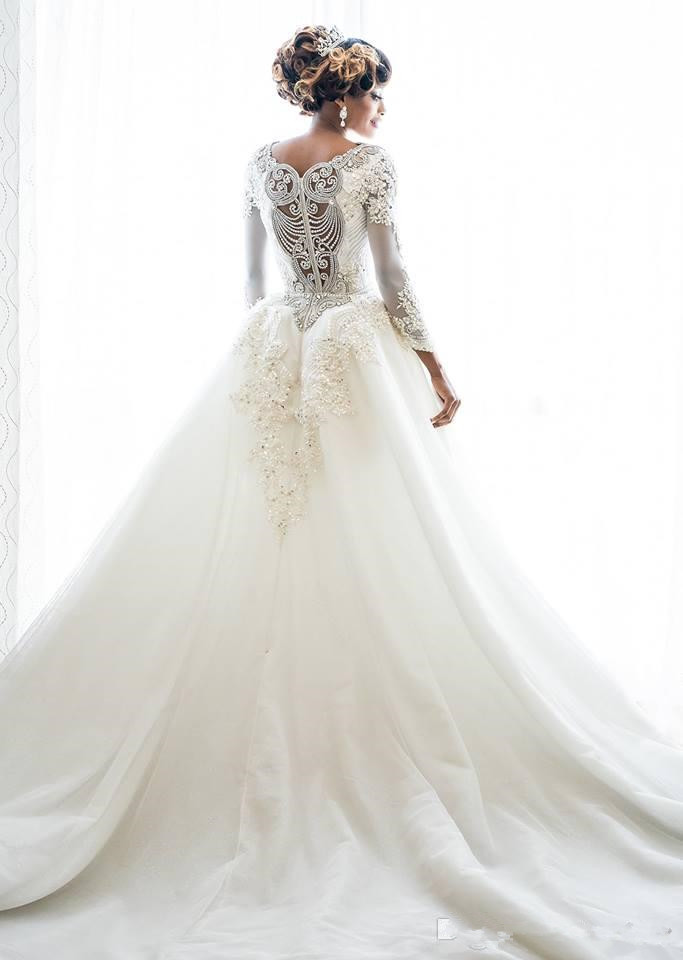 Urious Crystals Mermaid Arabic 2020 Plus Size Long Sleeves Beaded Lace Bridal Dresses Sexy Vintage Wedding Gowns