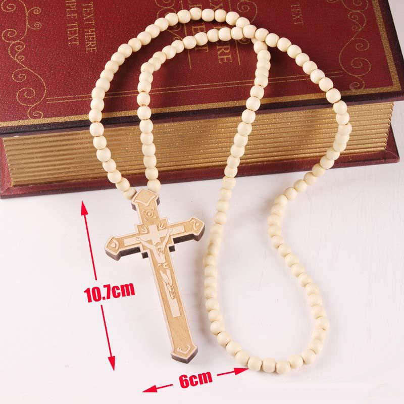New Wooden Cross Pendant Necklaces Christian religious Wood crucifix Charm beaded chains For women Men Fashion Jewelry Gift