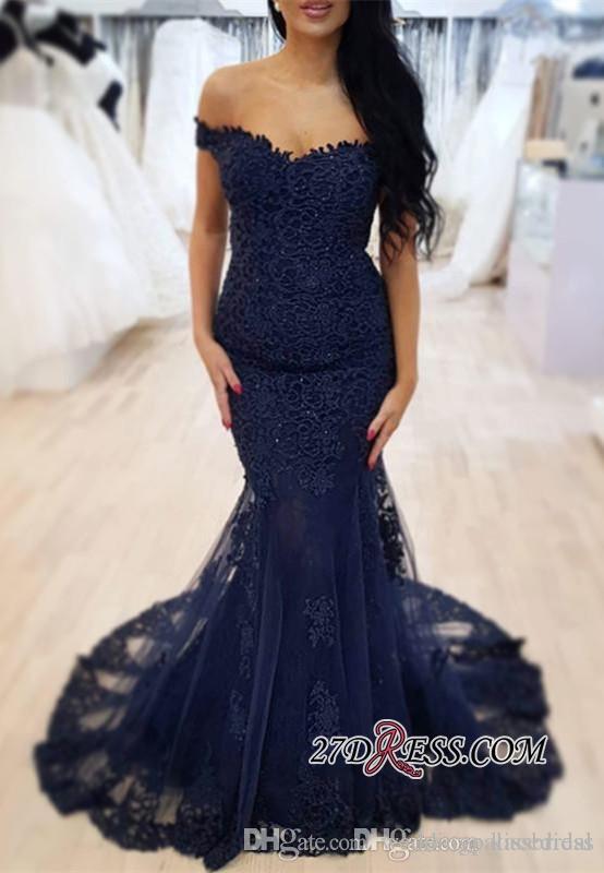 Navy Blue New Mermaid Prom Dresses Off The Shoulder Beaded Zipper Lace Formal Long Evening Gowns Tail Party Dress Red Carpet Gown