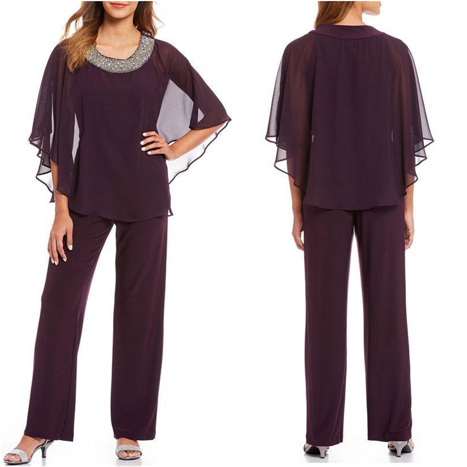 Classy Beaded Mother Of The Bride Pant Suits Two Pieces Wedding Guest Dress Chiffon Plus Size Long Sleeves Mothers Groom Dresses