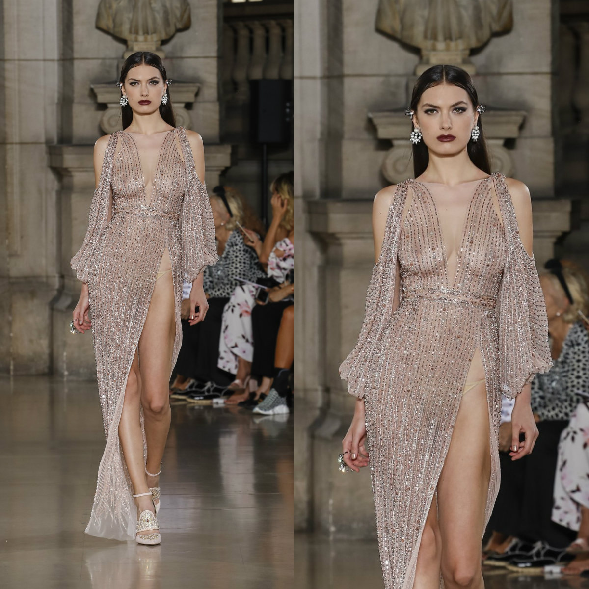 2019 Sexy Illusion Prom Dresses Thigh High Slits Women Evening Special Occasion Dress Georges Hobeika Major Beading Party Gowns