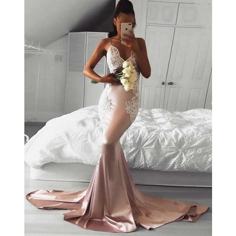 Custom Made Mermaid Blush Satin Backless Prom Evening Dress with Appliques Elegant Long Sweep Train Lace Bridesmaid Party Gown