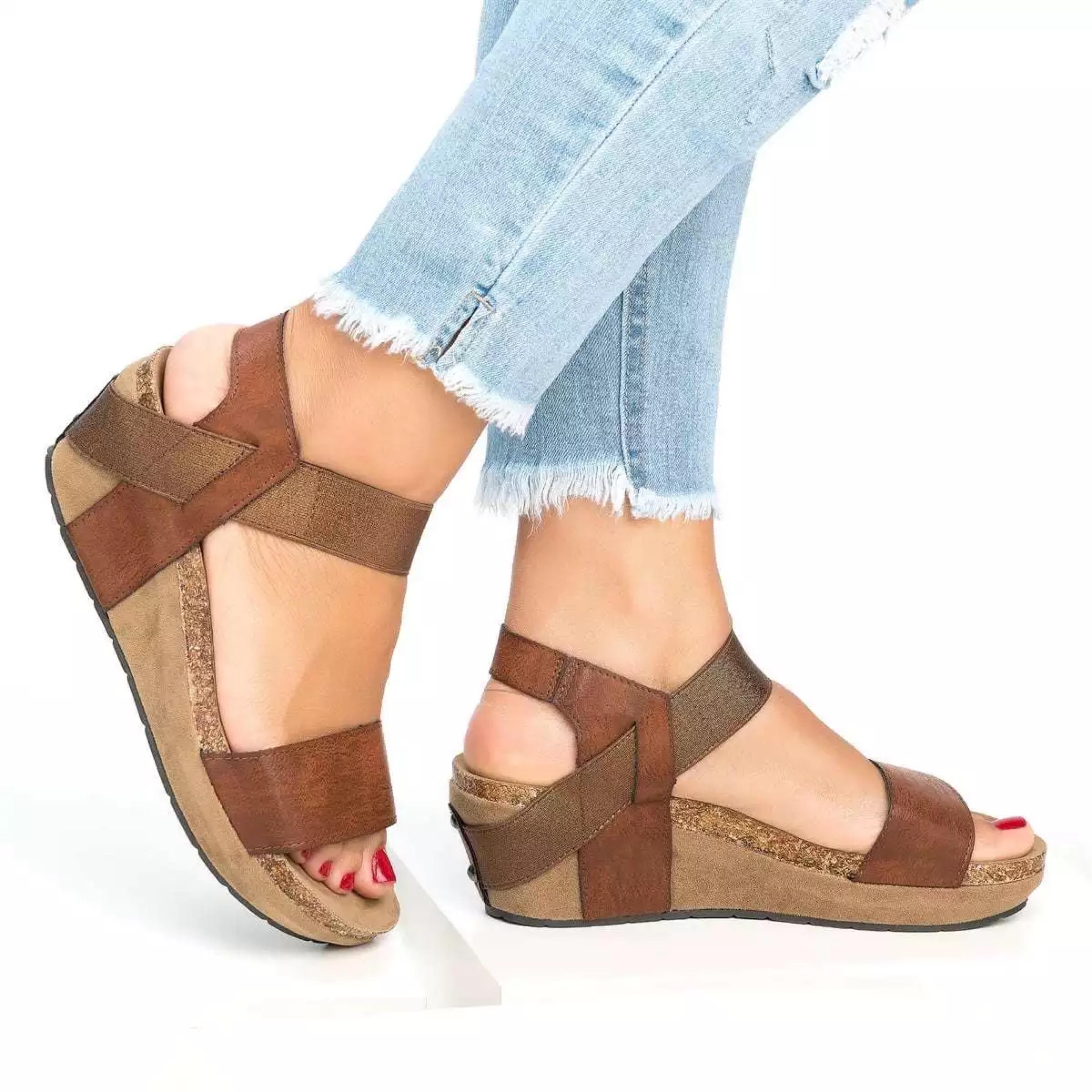 Hot Sale-Leopard high heel Female Shoes Bandage Flat Sandals Comfortable Large Size Shoes