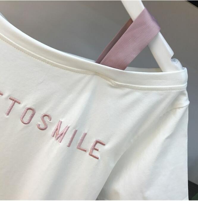 2020 New Fashion Summer Women's Letter Embroidery Off Shoulder Cotton Long T-shirt + Lacing up Hollow Lace Skirt 2 Pieces Set CX200702