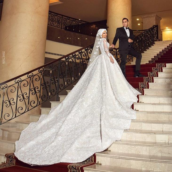 muslim wedding dresses with cathedral train jewel neck lace ball gown bridal gowns long sleeves white wedding dress plus size