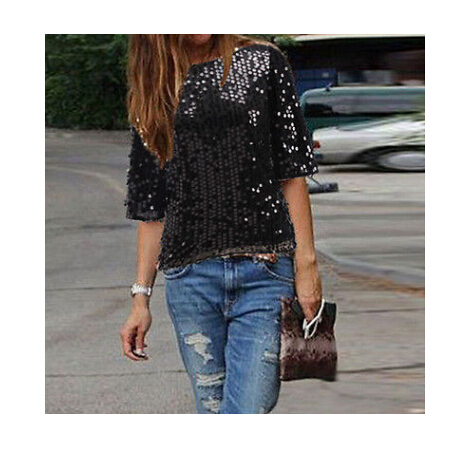 Fashion Women Summer Loose Top Half Sleeve Sparkle Glitter Blouse Ladies Casual Loose Sequined Pullover Tops Blouse Black Sliver