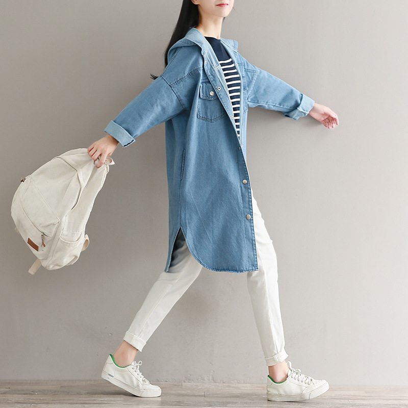 Elegant Loose Women Denim Trench Coat Spring 2018 Full Sleeve Hooded European Long Windbreaker Solid Ladies Overcoat, Sky blue
Elegant Loose Women Denim Trench Coat Spring 2018 Full Sleeve Hooded European Long Windbreaker Solid Ladies Overcoat, Sky blue