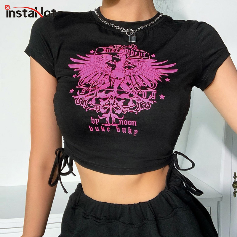 InstaHot cartoon print women crop top T shirt drawstring ruched side black cotton slim short sleeve summer streetwear tee tops
InstaHot cartoon print women crop top T shirt drawstring ruched side black cotton slim short sleeve summer streetwear tee tops