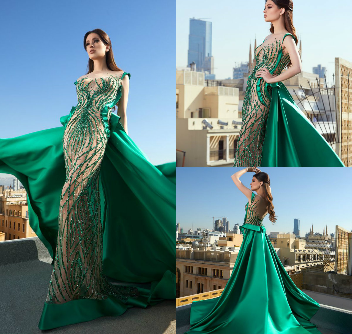 2019 Tony Chaaya Evening Dresses Hunter Detachable Train Jewel Neck Lace Beads Sequins Mermaid Prom Dress Illusion Satin Gorgeous Party