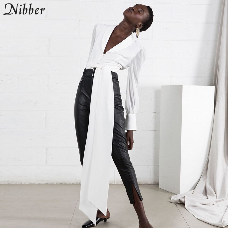 Nibber 2019Autumn Office ladies White Chiffon tops women full sleeve t-shirts Solid Elegant wild Slim Soft Belt tee shirts mujer T200110