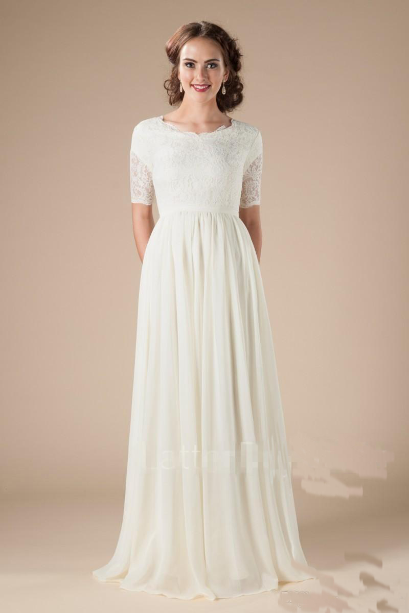 Modest Lace Chiffon Wedding Dresses With Short Sleeves Boho Bridal Gowns Aline Floor Length Reception Informal Dress 0521