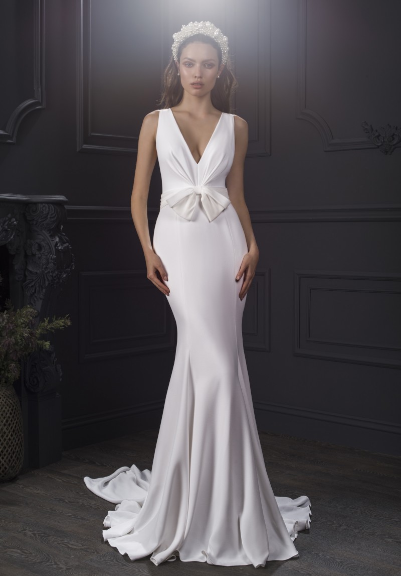 Hod Lihi Fashion Mermaid Wedding Dresses Deep V Neck Empire Waist Bridal Gowns With Bow Tie Sweep Train Robes De Mari E