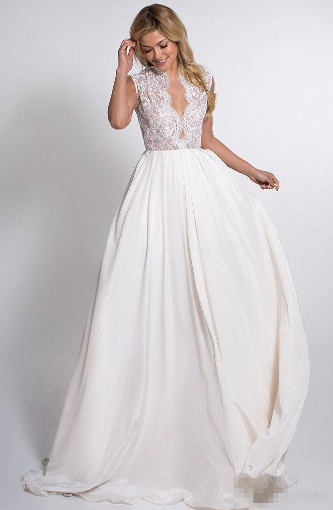 Plunging V Neck Ivory Boho A Line Wedding Dresses Chiffon Lace Applique Hollow Back Sweep Train Beach Bridal Gowns Plus Size