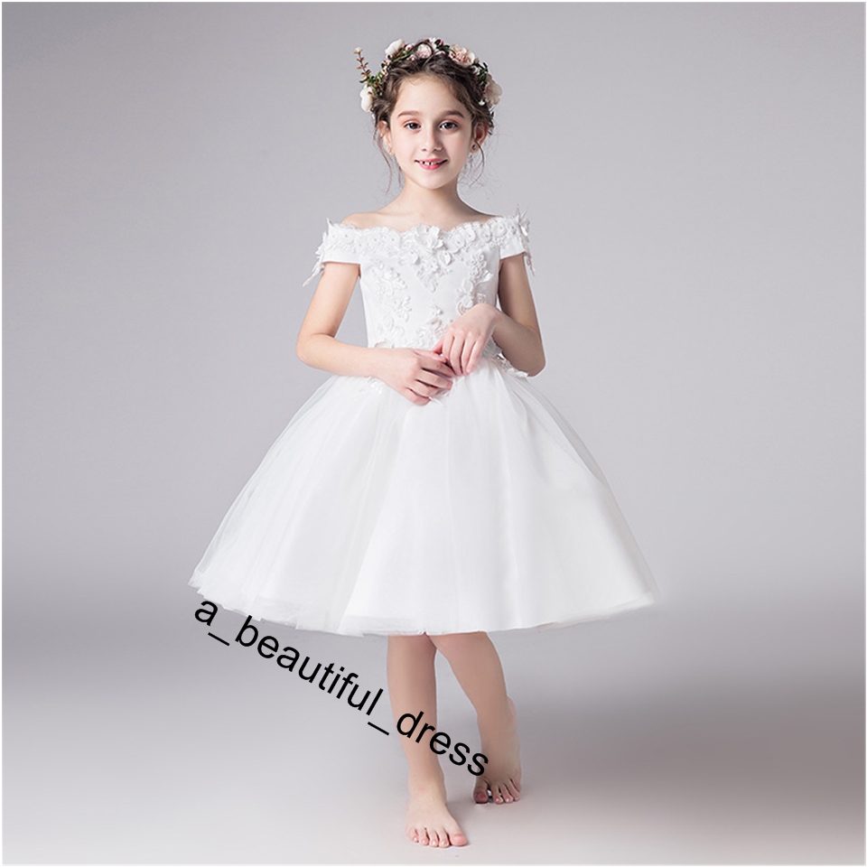 White Bead Decoration Long Flower Girl Dress New Girl Ball Gown pageant Wedding Party Exchange Dress Ball Beauty Sexy Shoulder Dress FG1270