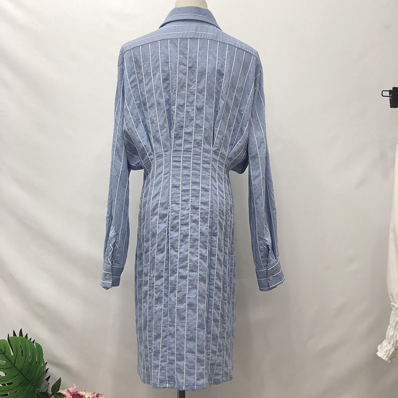 Wholesale-Autumn Women Dress Korean Style Slim Waist Striped Shirt Dress Long Sleeve Knee Length Ladies Elegant Midi Vestidos Jurken