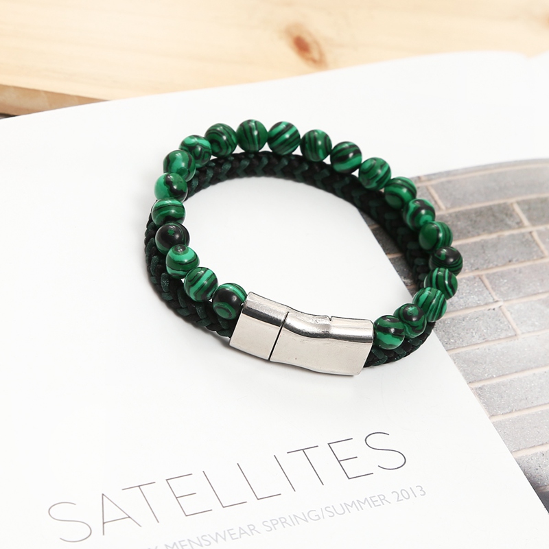 Leather beaded bracelet handmade 2 layer buckle men's temperament charm bracelet daily wear