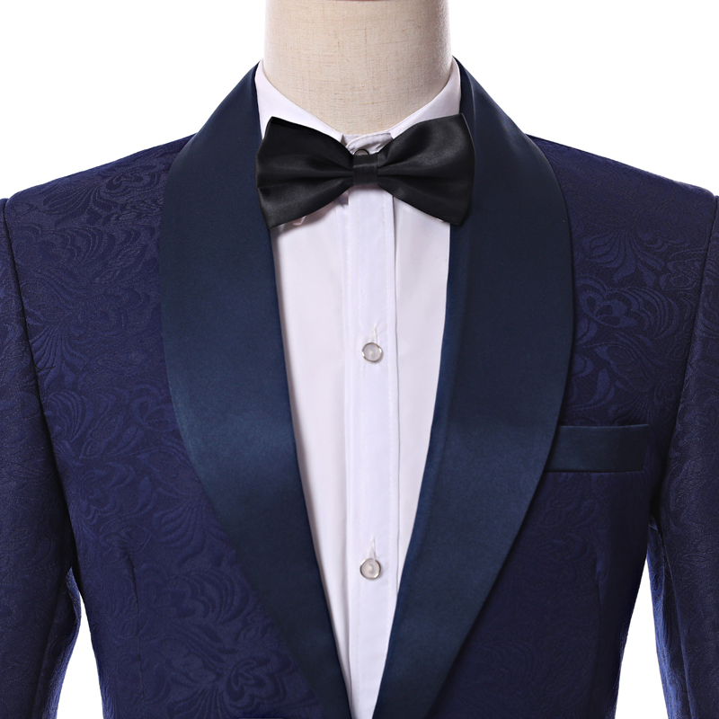 Real Picture Side Vent One Button Navy Blue Paisley Groom Tuxedos Shawl Lapel Groomsmen Wedding Men Party Suits (Jacket+Pants+Tie) W10