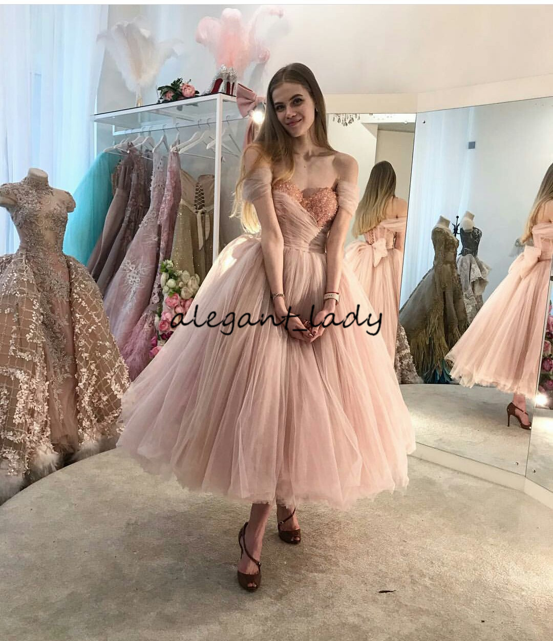 tealength pink prom formal dresses off shoulder beaded pearls arabic dubai style occasion evening dress wear