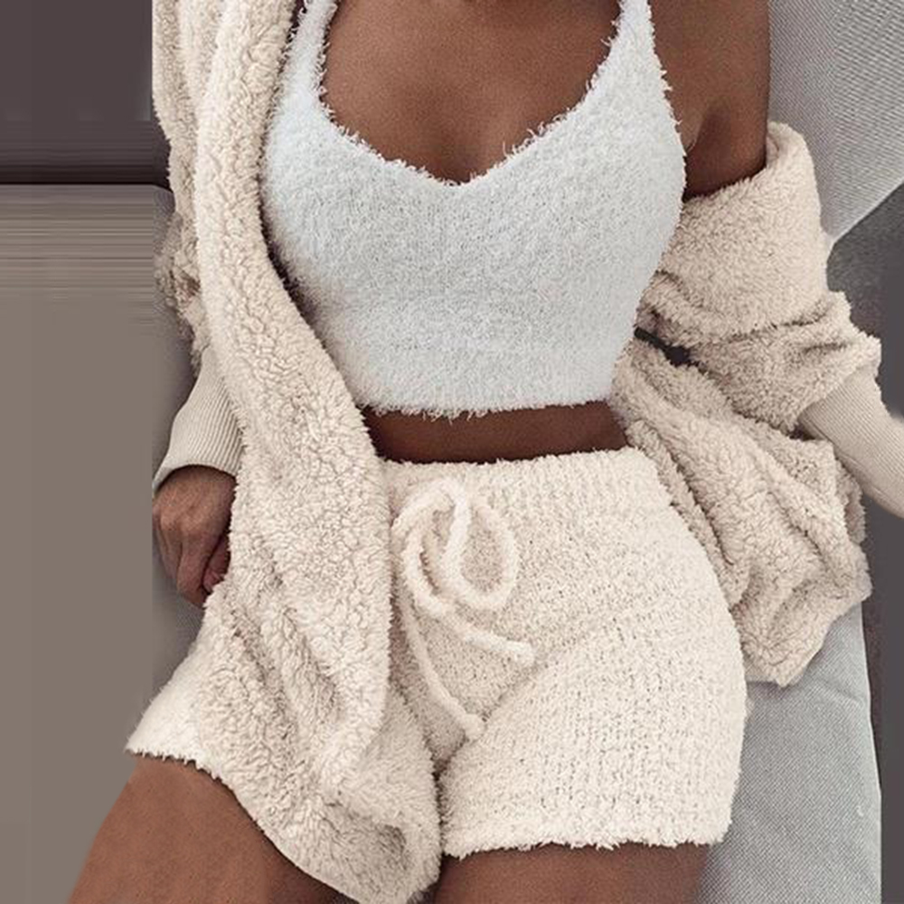 Plush Tracksuit Women 3 Pieces Set Sweatshirts Sweatpants Sweatsuit Jacket Crop Top Shorts Suit Sports Suit Jogging Femme1