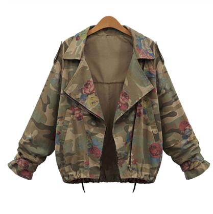 Wholesale-Women Jackets Autumn Winter Army Green Camouflage Jackets Floral Printed Zipper Jeans Coats For Woman Denim Cardigans
