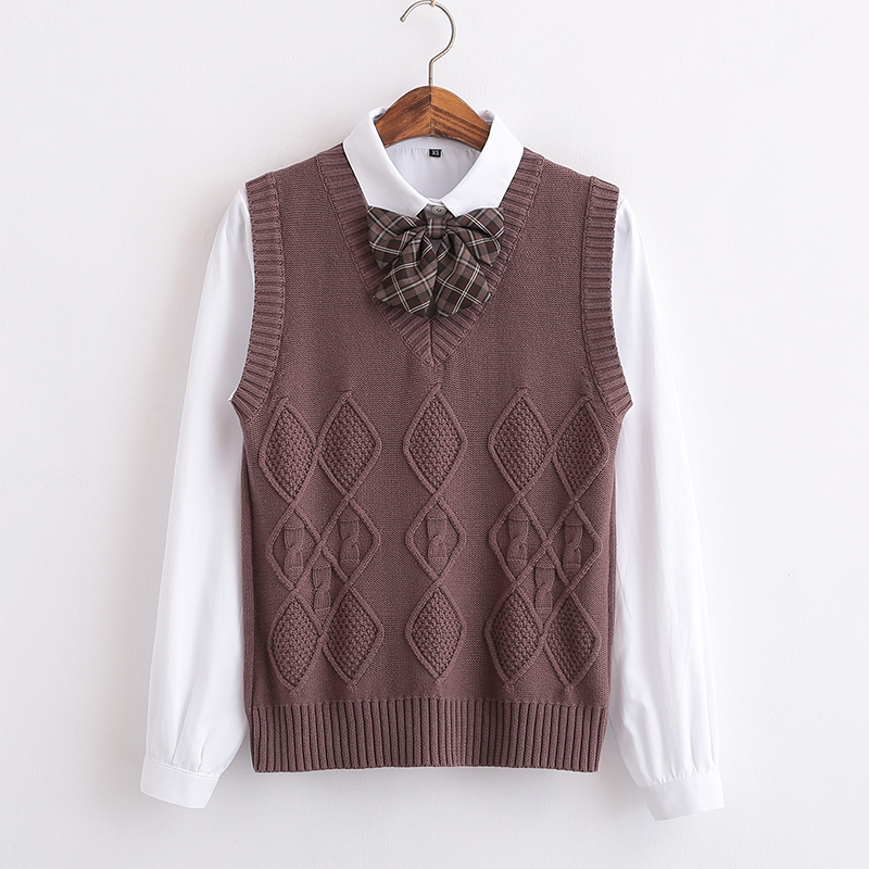 Solid brown sweater vest cotton diamond stripe Twisted vest women sleeveless 
Solid brown sweater vest cotton diamond stripe Twisted vest women sleeveless