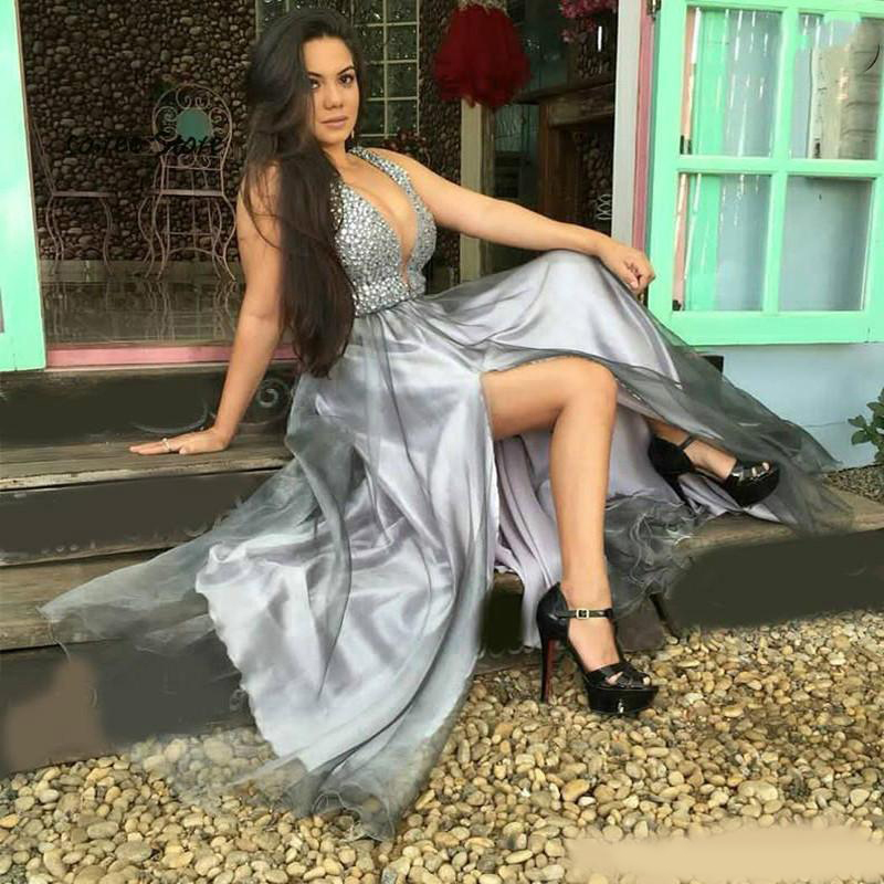 Sliver Cocktail Party Dresses Beading prom dress with slit long formal evening gowns plus size pageant dresses vestidos de fiesta .