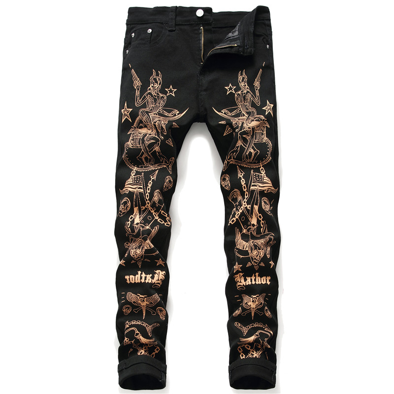 Unique Mens Skinny gold stamp Black Jeans Fashion Designer Doodle Slim Fit Moto Biker Hip Hop Denim Pants Streetwear Trousers 5649, 5648
Unique Mens Skinny gold stamp Black Jeans Fashion Designer Doodle Slim Fit Moto Biker Hip Hop Denim Pants Streetwear Trousers 5649, 5648