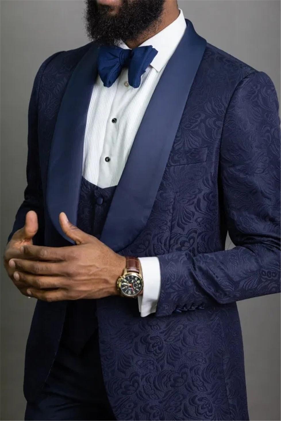 Navy Blue Embossing Groom Tuxedos Shawl Lapel Groomsman Wedding 3 Piece Suit Men Business Prom Jacket Blazer(Jacket+Pants+Tie+Vest) 86