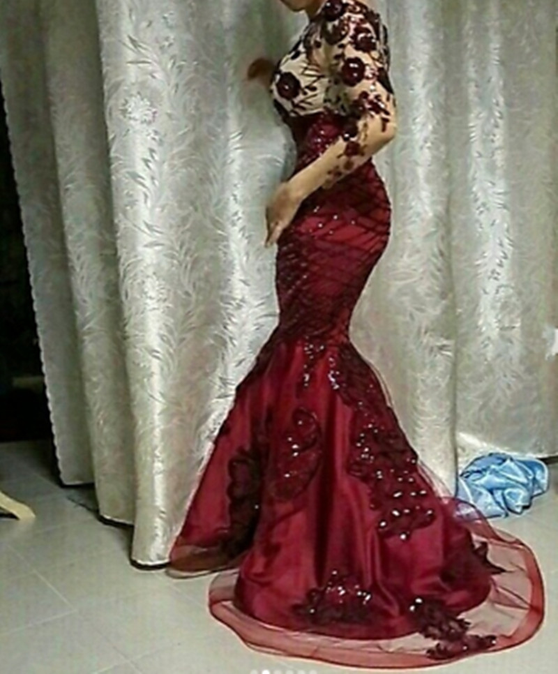 2020 New Burgundy Sequined Floral Lace Mermaid Prom Dresses With Detachable Train Modest Full Sleeves Prom Gowns Muslim Formal Dresses
