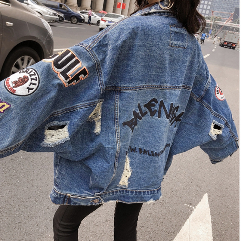 SexeMara fashion The New Loose Hole embroidery Patch Denim jacket Free shipping111