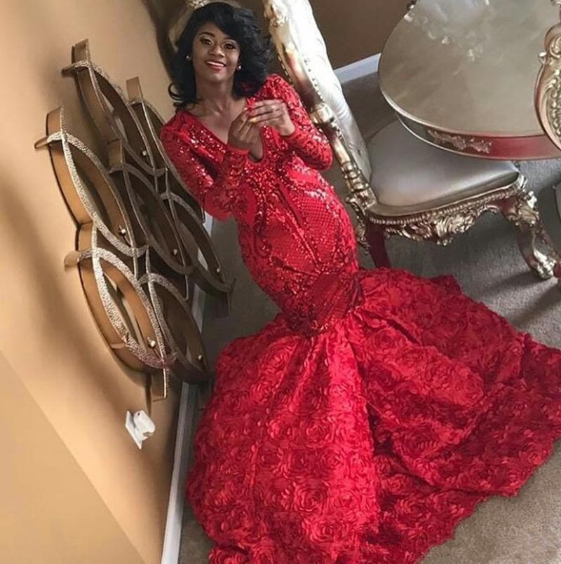 Red Mermaid Prom Dresses 2019 Full Lace Plunging V Neck Floral Train Long Sleeves Formal Evening Party Dresses Gowns