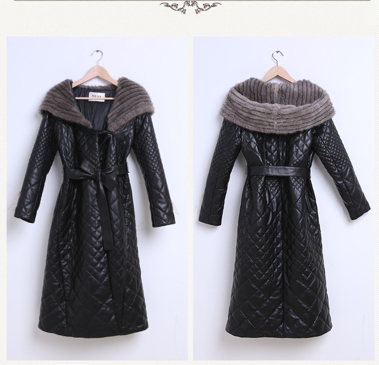 women winter hooded coats long sleeves leather jacket knee length slim fit heavy fur collar cottonpadded clothes in stock