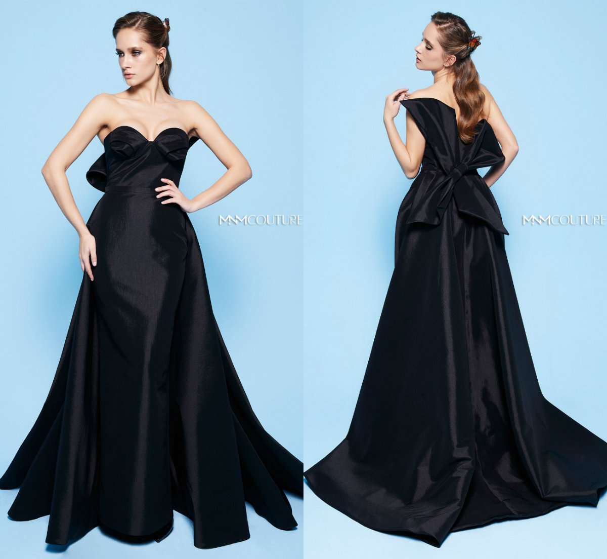 Black Evening Dresses With Detachable Train Satin Sweep Train Bow Back Custom Made Gorgeous Prom Dress Formal Party Gowns