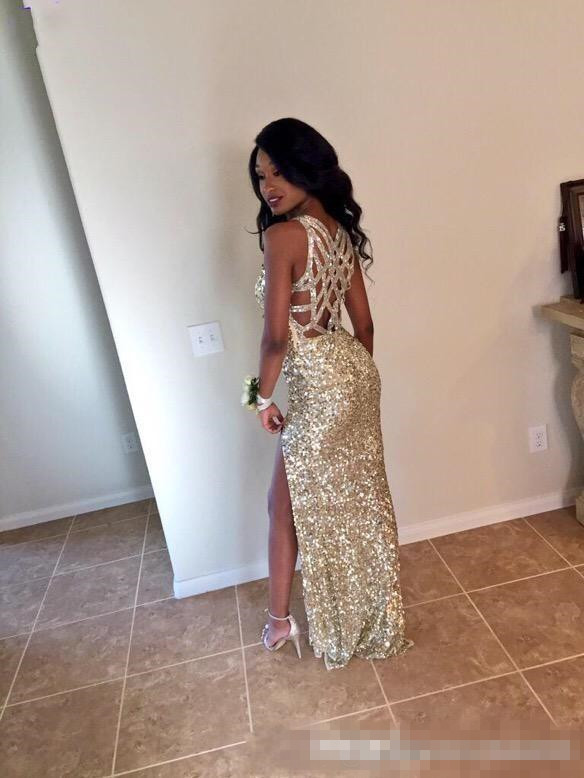 Gold Sequins Champagne Mermaid Prom Dresses Sexy Back Spaghetti Straps Side Slit Formal Evening Party Gowns Custom Made