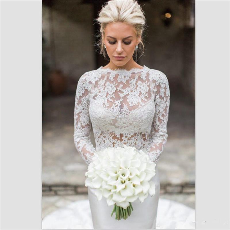 Mermaid Modest Sleeves Dresses Lace Appliques See Through Satin Jewel Neck Long Wedding Bridal Gowns Vestidos De Marriage